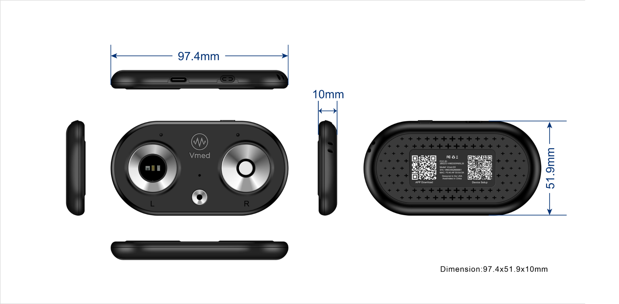 Vmed-S5 dimensions showing width 97.4 mm, height 51.9 mm and thickness 10 mm